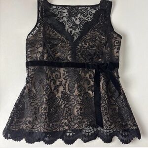 LOFT Black Lace Sleeveless Peplum Top with Velvet Tie